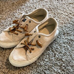Sperry Beige Canvas Slip-On Sneakers with Brown Lace Accents